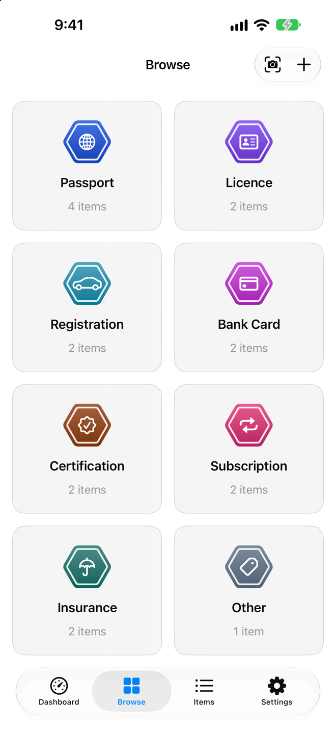 Browse screen with a coloured icon tile for each item type