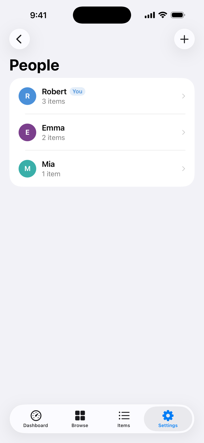 People list for tagging items to household members